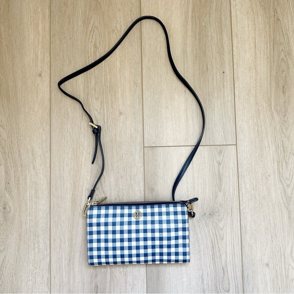 Tory Burch Blue and White Gingham Crossbody